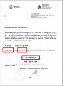 Español NIE Ejemplo de certificado / tarjeta de número