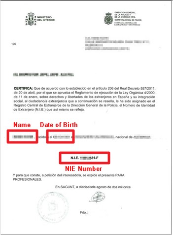 Alicante NIE Number certificate